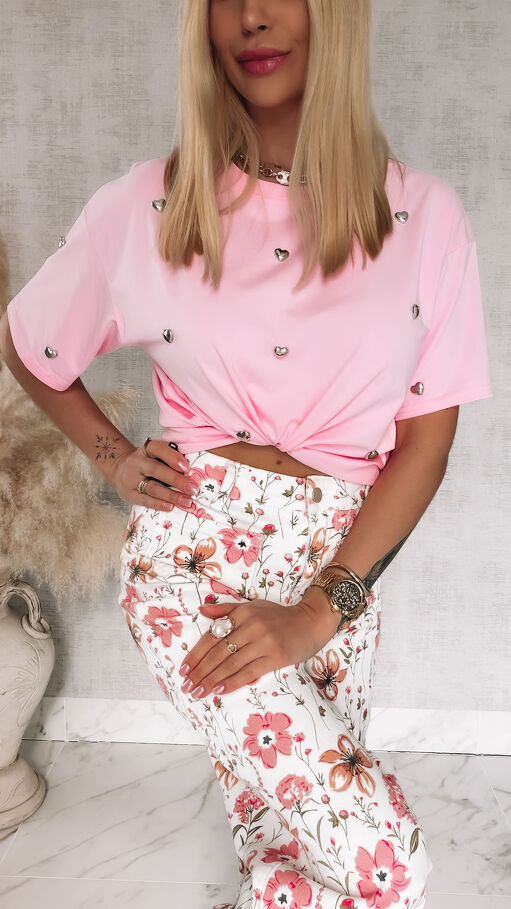 Oryginalna bawełniana bluzka T-SHIRT w metalowe serduszka ONE SIZE pink - R791
