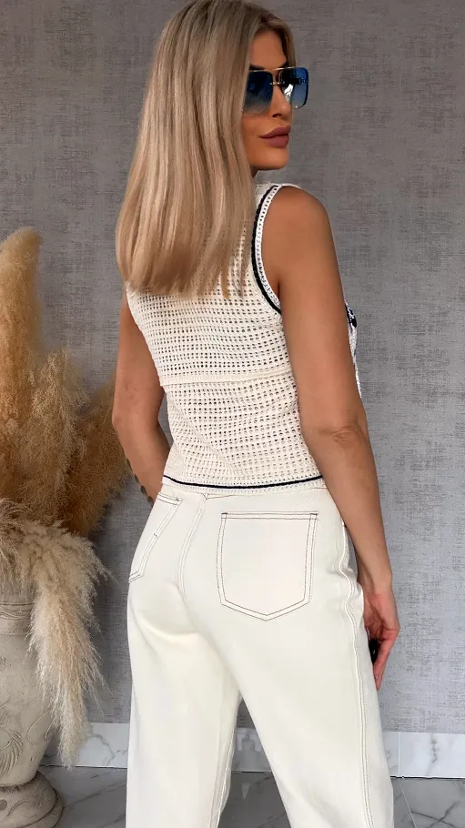 Ażurowa szydełkowa kamizelka zapinana na guziki ONE SIZE blue - R747