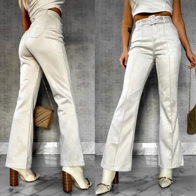 Zamszowe eleganckie spodnie z paskiem jasno BEŻOWE - R570