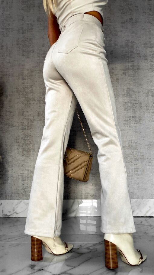 Zamszowe eleganckie spodnie z paskiem jasno BEŻOWE - R570