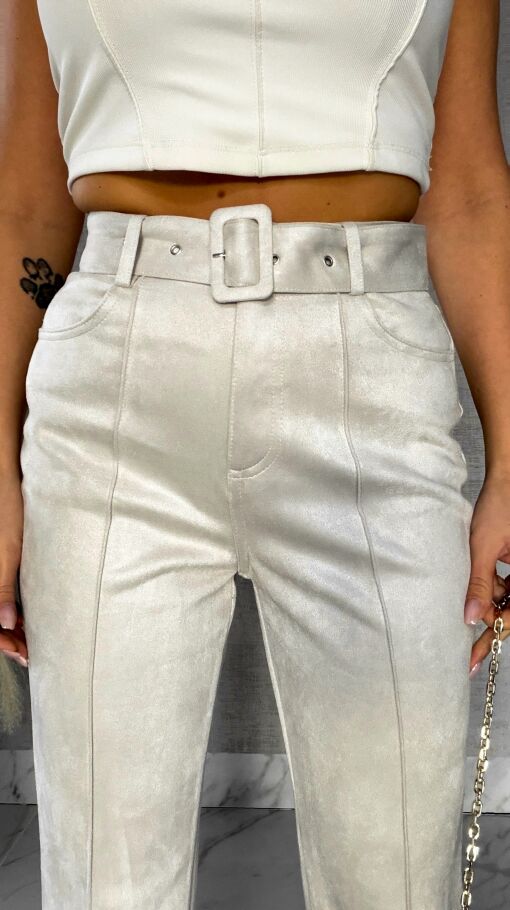 Zamszowe eleganckie spodnie z paskiem jasno BEŻOWE - R570