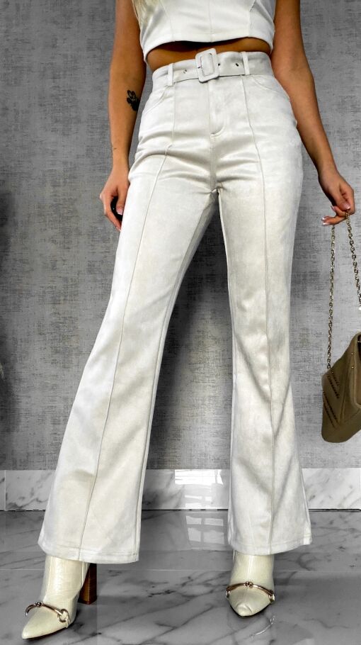 Zamszowe eleganckie spodnie z paskiem jasno BEŻOWE - R570