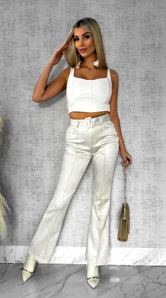 Zamszowe eleganckie spodnie z paskiem jasno BEŻOWE - R570