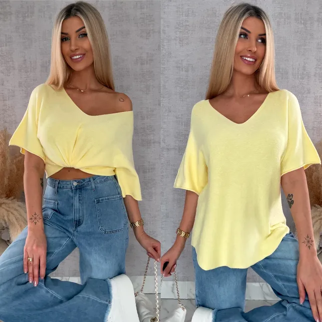 Wiosenny sweter z krótkimi rękawami w serek ŻÓŁTY - R662