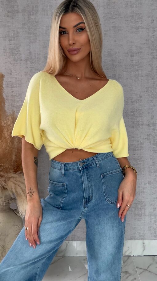 Wiosenny sweter z krótkimi rękawami w serek ŻÓŁTY - R662