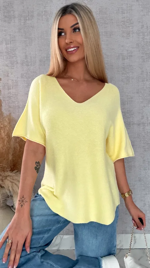 Wiosenny sweter z krótkimi rękawami w serek ŻÓŁTY - R662