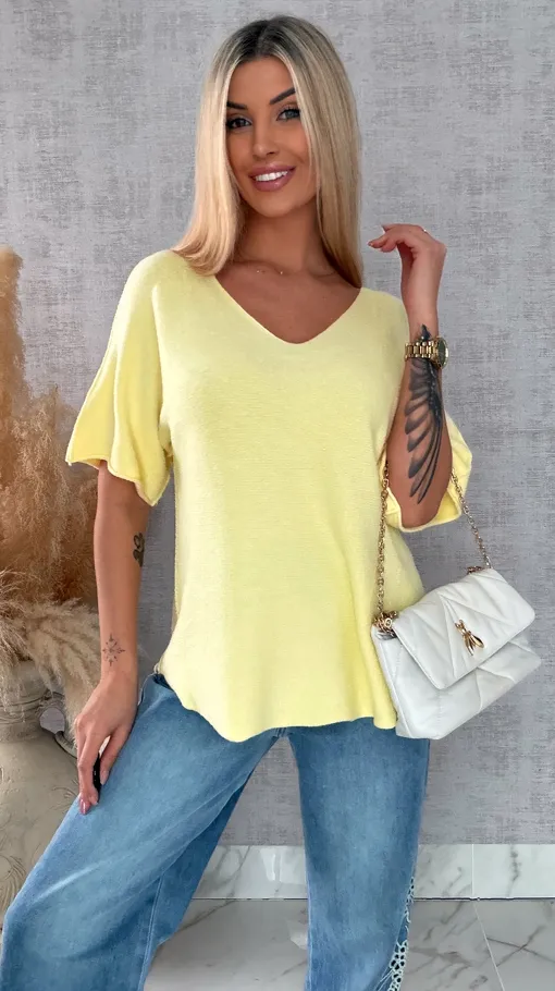 Wiosenny sweter z krótkimi rękawami w serek ŻÓŁTY - R662