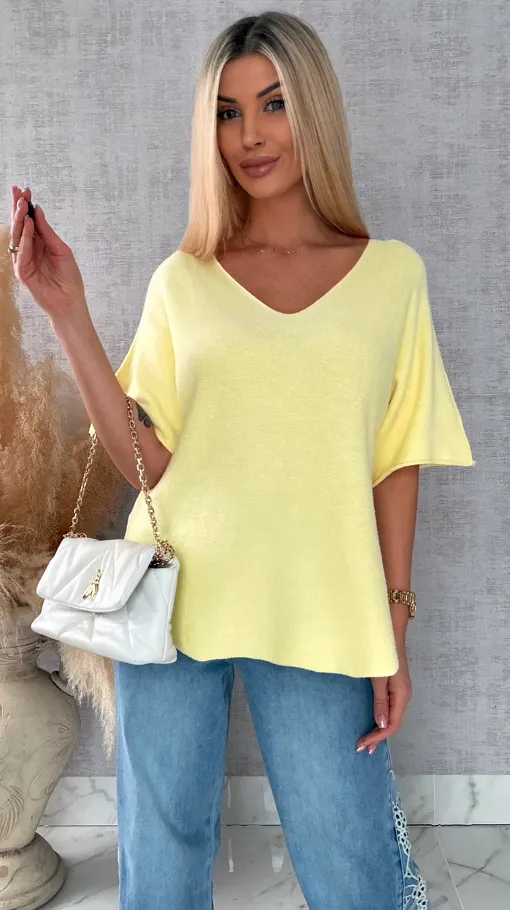 Wiosenny sweter z krótkimi rękawami w serek ŻÓŁTY - R662