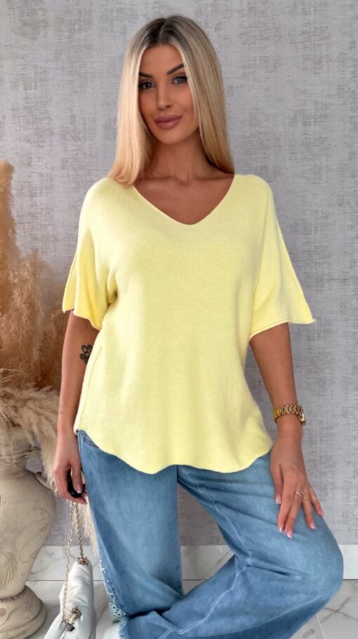 Wiosenny sweter z krótkimi rękawami w serek ŻÓŁTY - R662