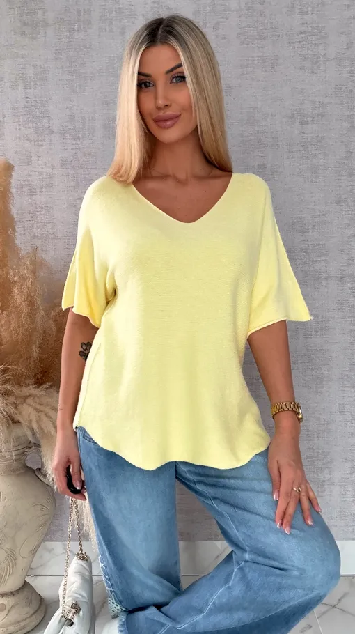 Wiosenny sweter z krótkimi rękawami w serek ŻÓŁTY - R662