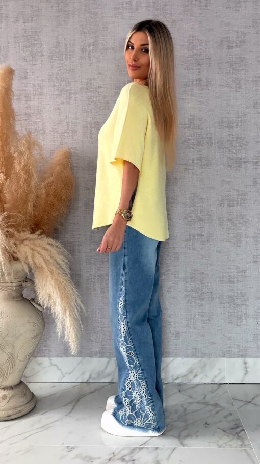 Wiosenny sweter z krótkimi rękawami w serek ŻÓŁTY - R662