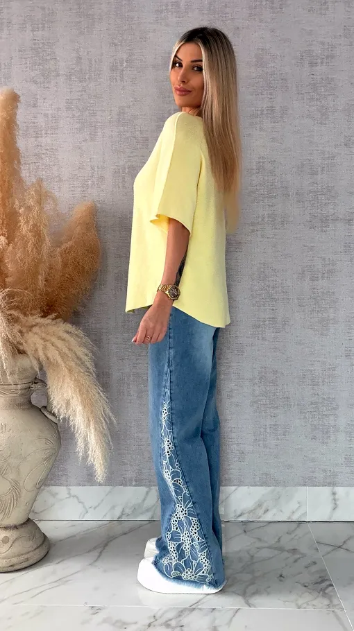 Wiosenny sweter z krótkimi rękawami w serek ŻÓŁTY - R662