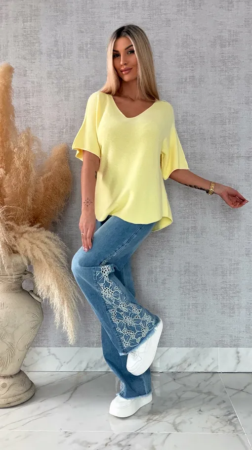 Wiosenny sweter z krótkimi rękawami w serek ŻÓŁTY - R662