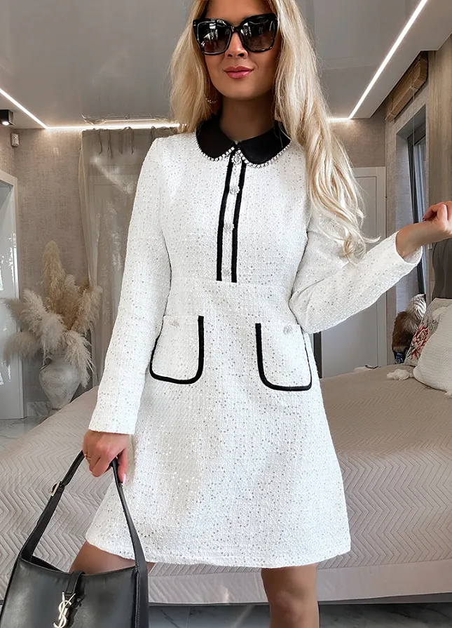 Biała koktajlowa sukienka w stylu OLD MONEY cekiny - M787