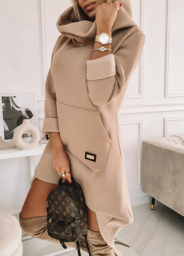 Ocieplana sukienka/bluza LONG jasno beżowa - L166