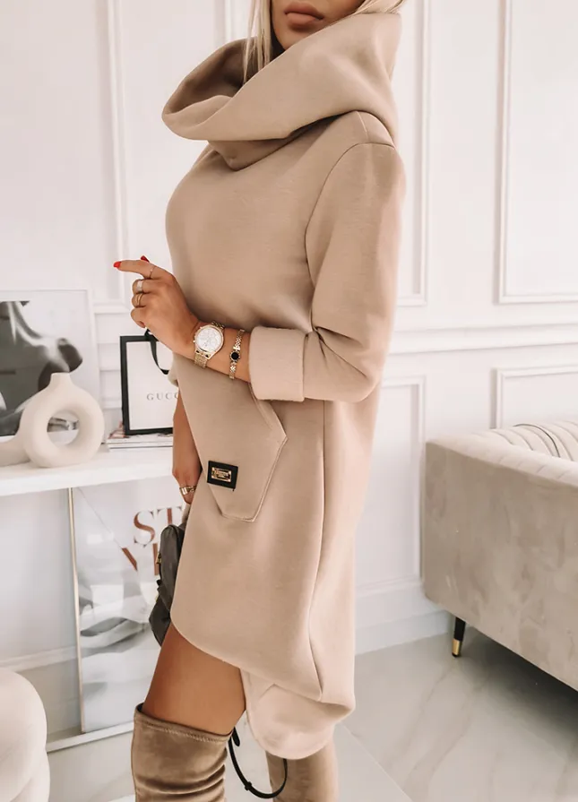 Ocieplana sukienka/bluza LONG jasno beżowa - L166