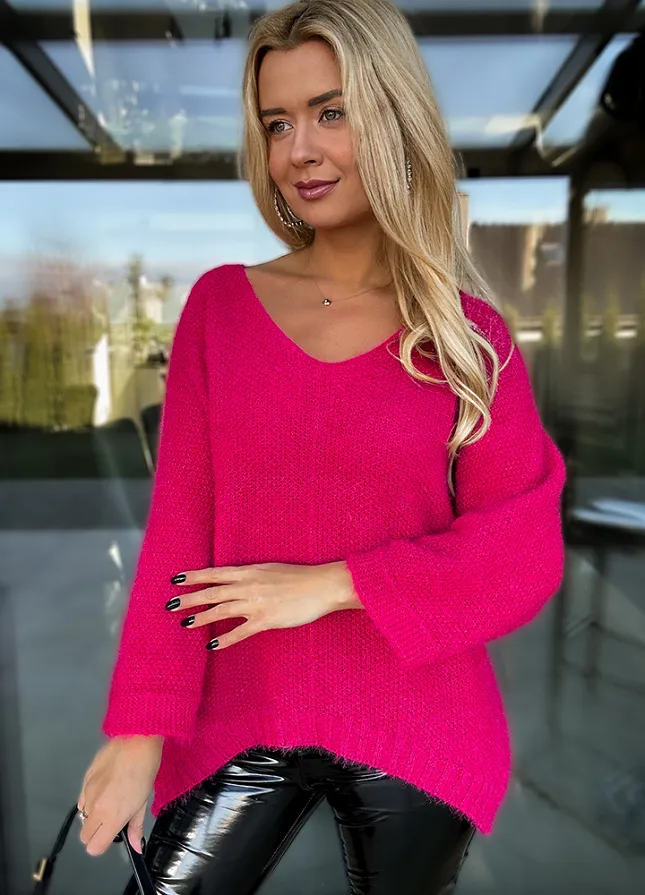 Sweter OVERSIZE z obniżanymi ramionami RÓŻOWY - M473