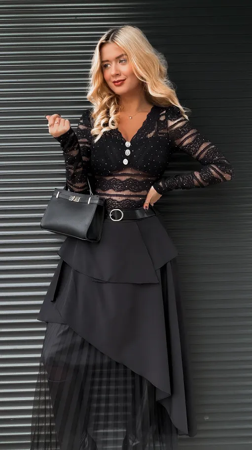 Koronkowa bluzka BODY w mini cyrkonie one size NA ROZM XS czarna - R257