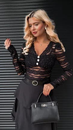 Koronkowa bluzka BODY w mini cyrkonie one size NA ROZM XS czarna - R257