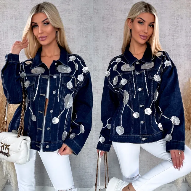 Wyjątkowa jeansowa katana w srebrne kwiaty z cekinów ONE SIZE - R614