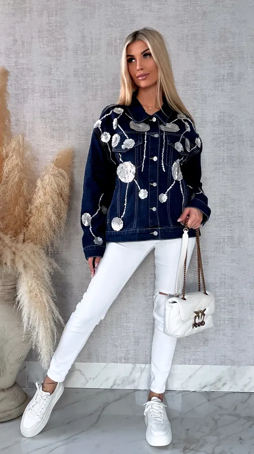 Wyjątkowa jeansowa katana w srebrne kwiaty z cekinów ONE SIZE - R614