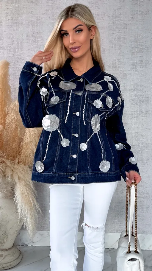 Wyjątkowa jeansowa katana w srebrne kwiaty z cekinów ONE SIZE - R614