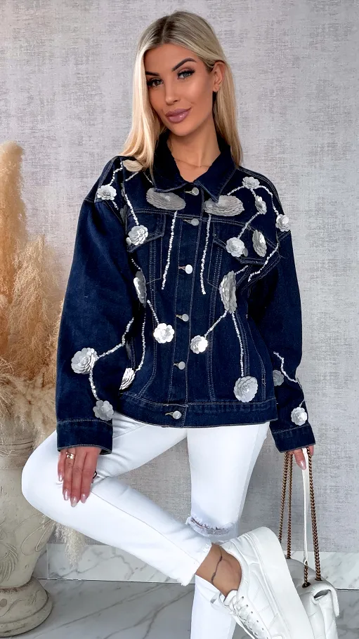 Wyjątkowa jeansowa katana w srebrne kwiaty z cekinów ONE SIZE - R614
