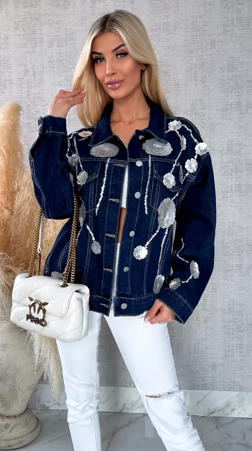 Wyjątkowa jeansowa katana w srebrne kwiaty z cekinów ONE SIZE - R614