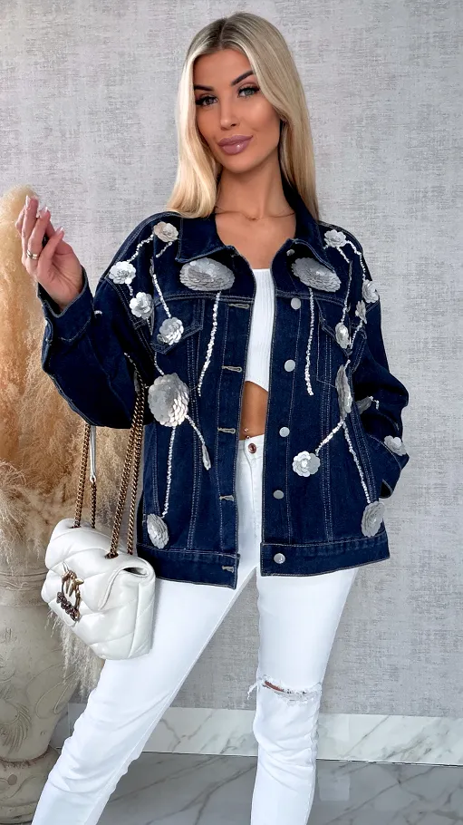 Wyjątkowa jeansowa katana w srebrne kwiaty z cekinów ONE SIZE - R614