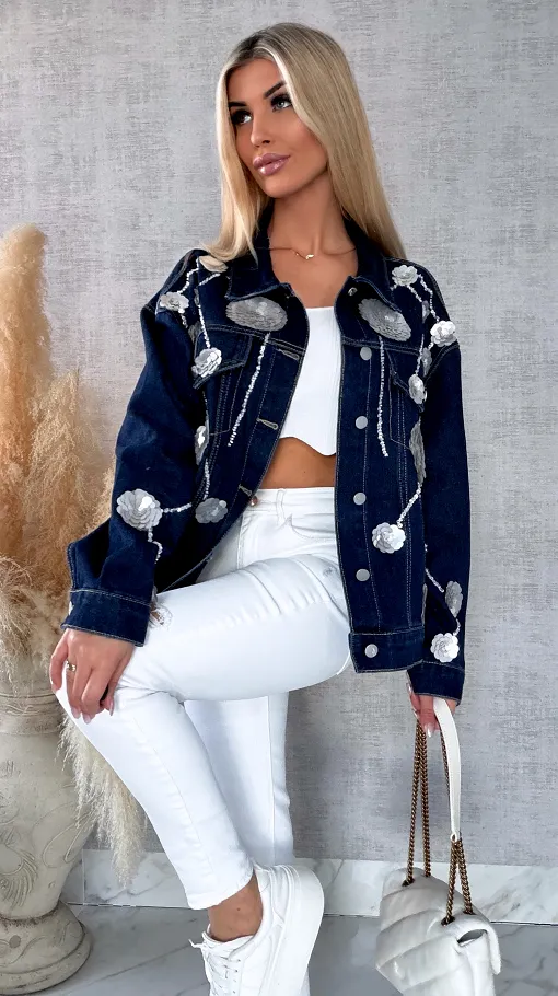Wyjątkowa jeansowa katana w srebrne kwiaty z cekinów ONE SIZE - R614