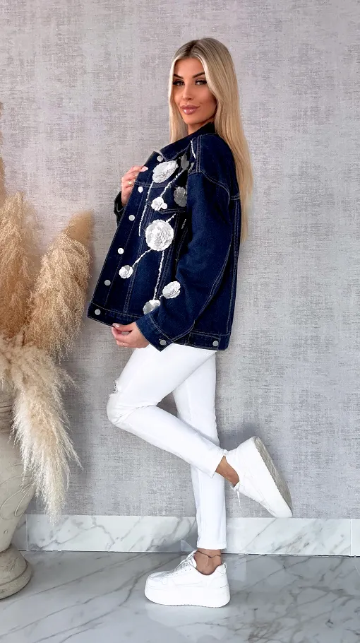 Wyjątkowa jeansowa katana w srebrne kwiaty z cekinów ONE SIZE - R614