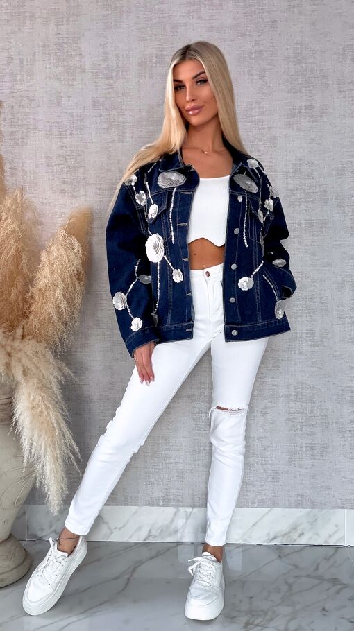 Wyjątkowa jeansowa katana w srebrne kwiaty z cekinów ONE SIZE - R614