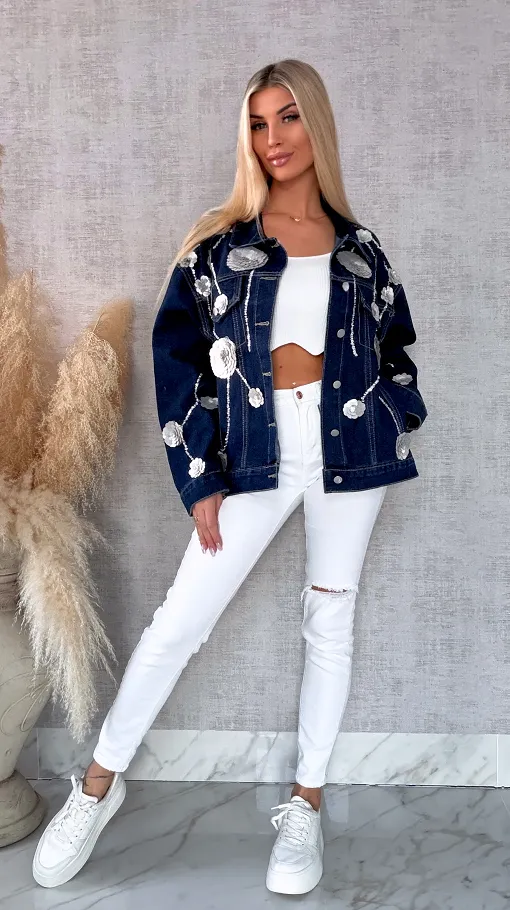 Wyjątkowa jeansowa katana w srebrne kwiaty z cekinów ONE SIZE - R614