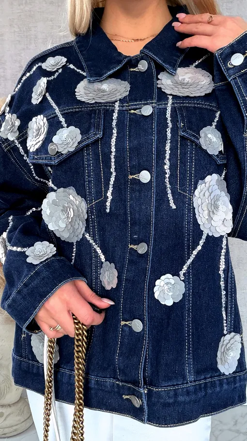 Wyjątkowa jeansowa katana w srebrne kwiaty z cekinów ONE SIZE - R614