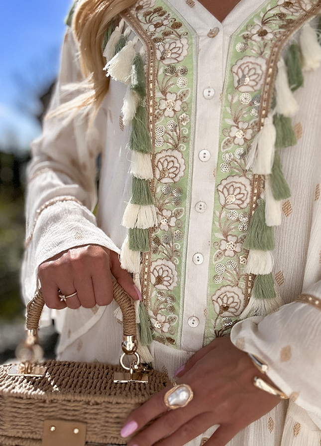 Wyjątkowa boho sukienka PREMIUM złote grochy WISKOZA white/green - N113B