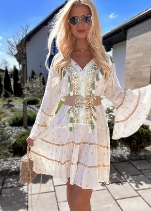 Wyjątkowa boho sukienka PREMIUM złote grochy WISKOZA white/green - N113B