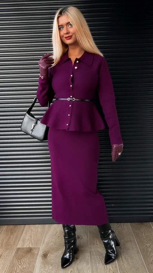 Klasyczny elegancki komplet dzianinowy sweter + spódnica ONE SIZE purpura - R325A