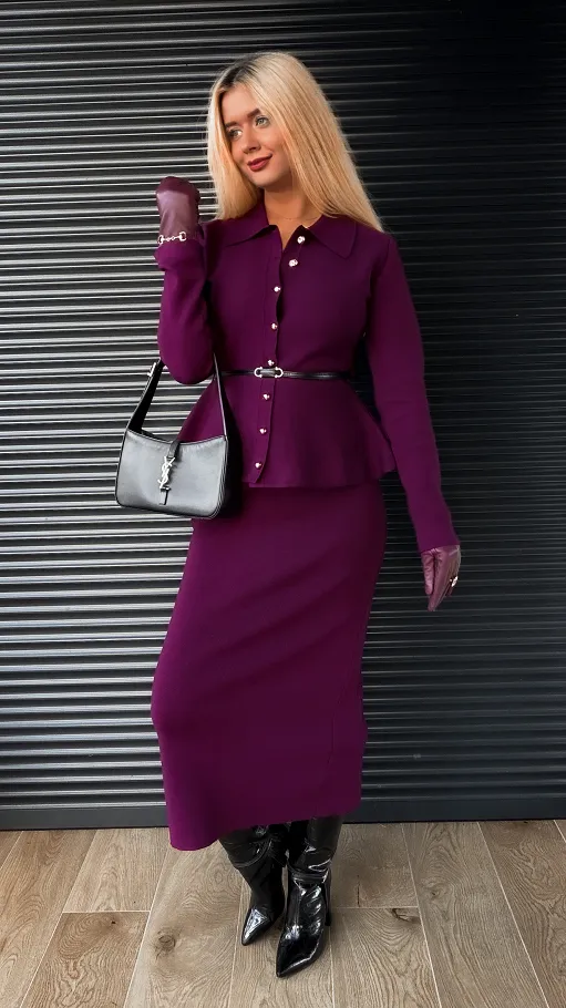 Klasyczny elegancki komplet dzianinowy sweter + spódnica ONE SIZE purpura - R325A