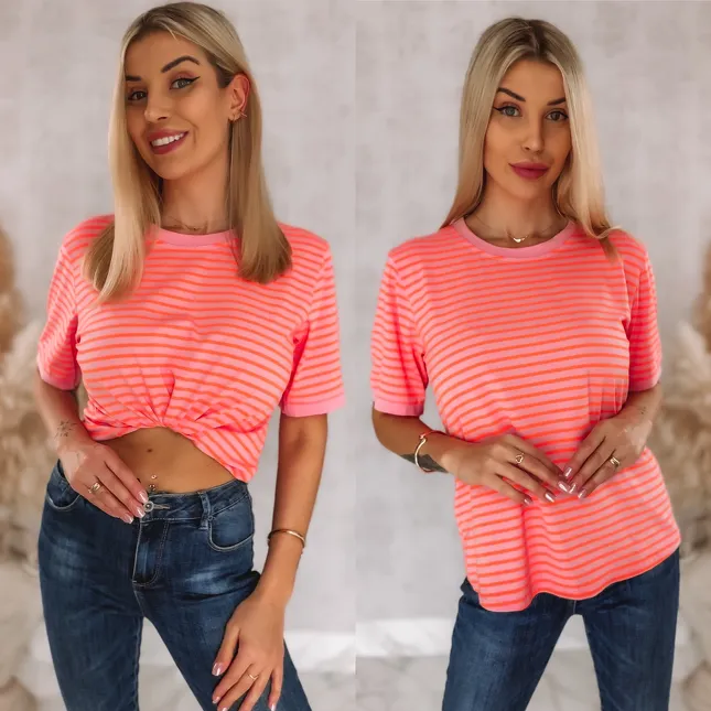 Różowa bluzka T-SHIRT w neonowe paski ONE SIZE bawełna - R950
