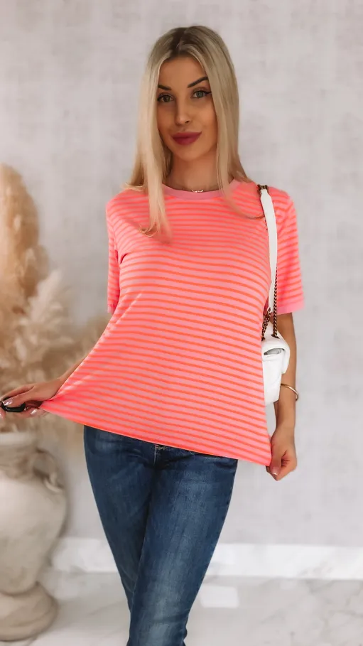 Różowa bluzka T-SHIRT w neonowe paski ONE SIZE bawełna - R950