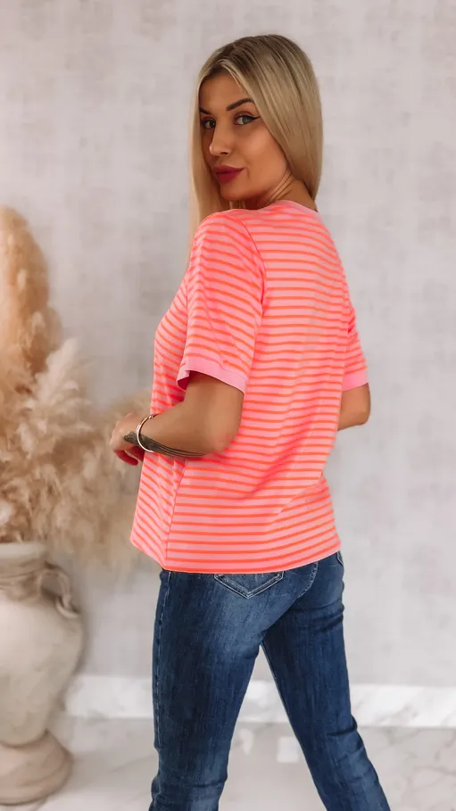 Różowa bluzka T-SHIRT w neonowe paski ONE SIZE bawełna - R950