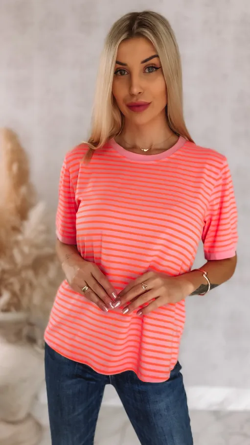 Różowa bluzka T-SHIRT w neonowe paski ONE SIZE bawełna - R950