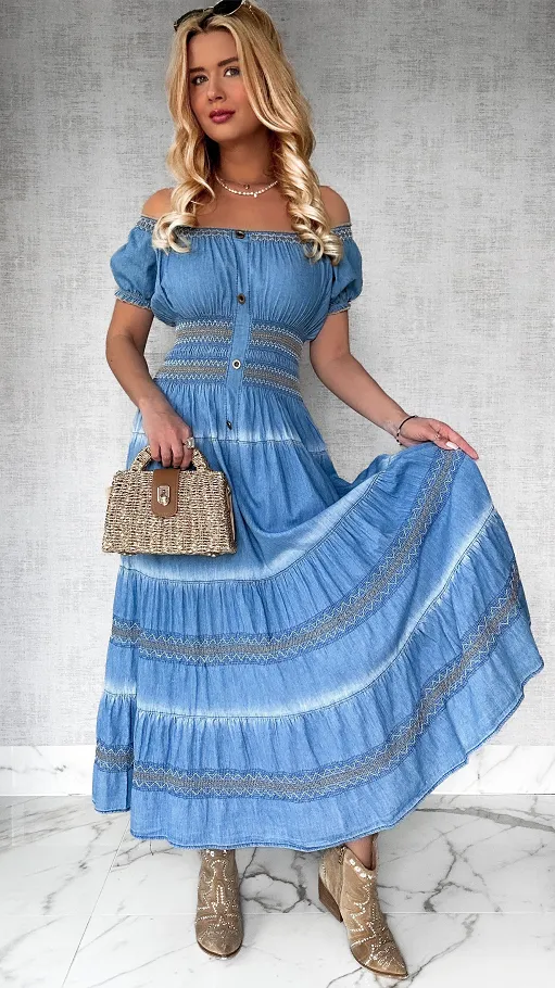 Miękka jeansowa MAXI sukienka BLUE JEANS - P696