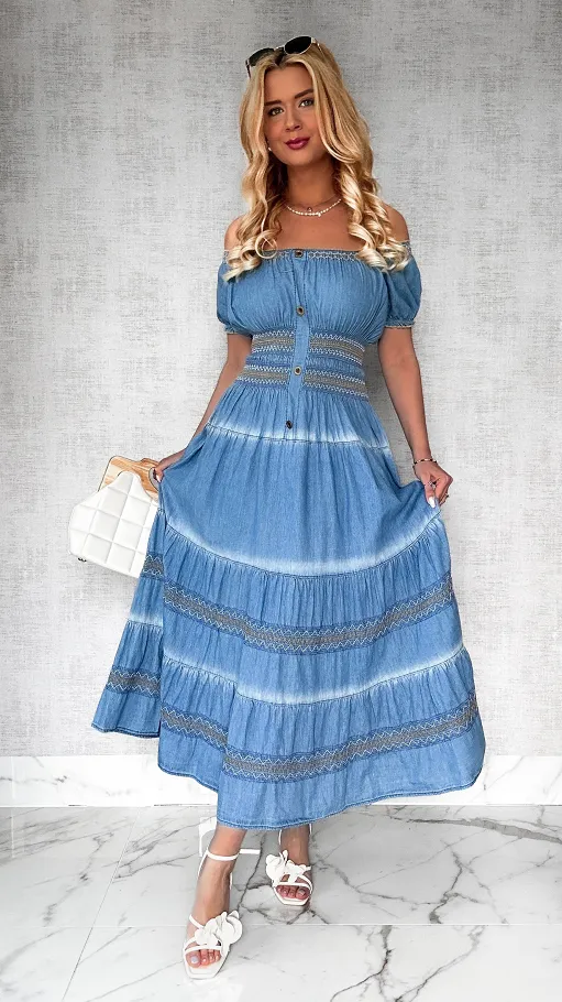 Miękka jeansowa MAXI sukienka BLUE JEANS - P696