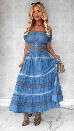 Miękka jeansowa MAXI sukienka BLUE JEANS - P696