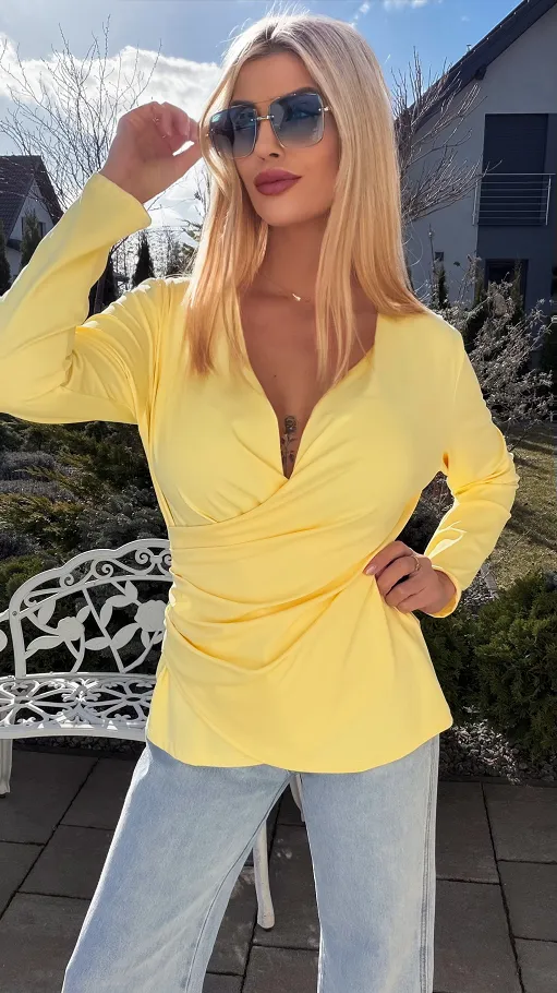 Elegancka żółta bluzka z kopertowym dekoltem ONE SIZE - R533A