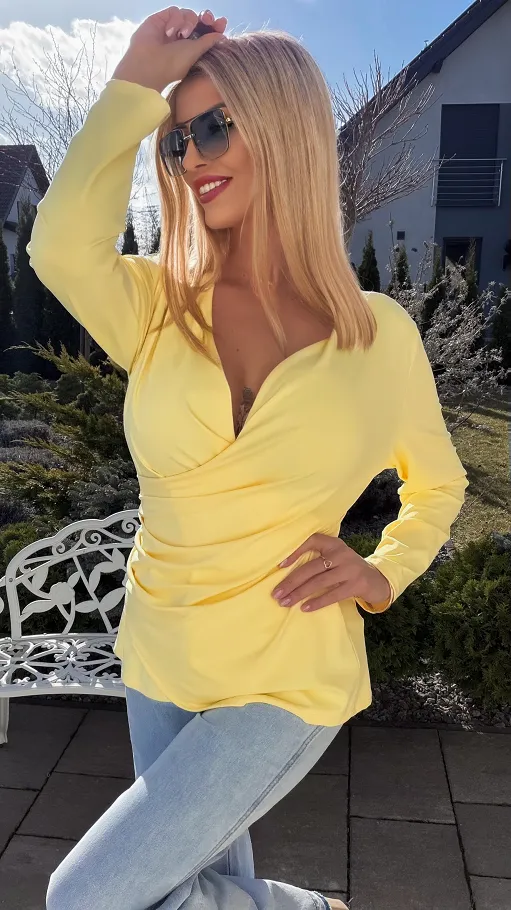Elegancka żółta bluzka z kopertowym dekoltem ONE SIZE - R533A