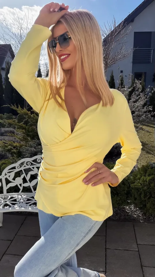 Elegancka żółta bluzka z kopertowym dekoltem ONE SIZE - R533A