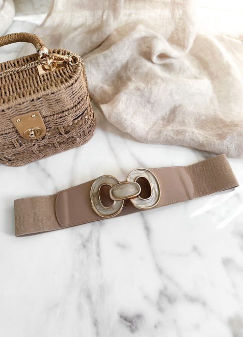 Pasek elastyczny guma złota klamra wypełniona masą perłową BEŻOWY - N162