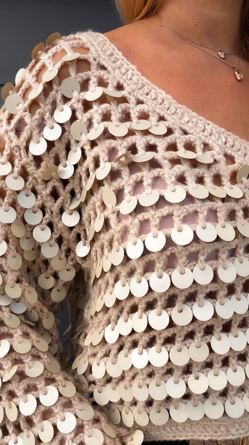 Ażurowy sweter w duże cekiny ONE SIZE beżowy - S341